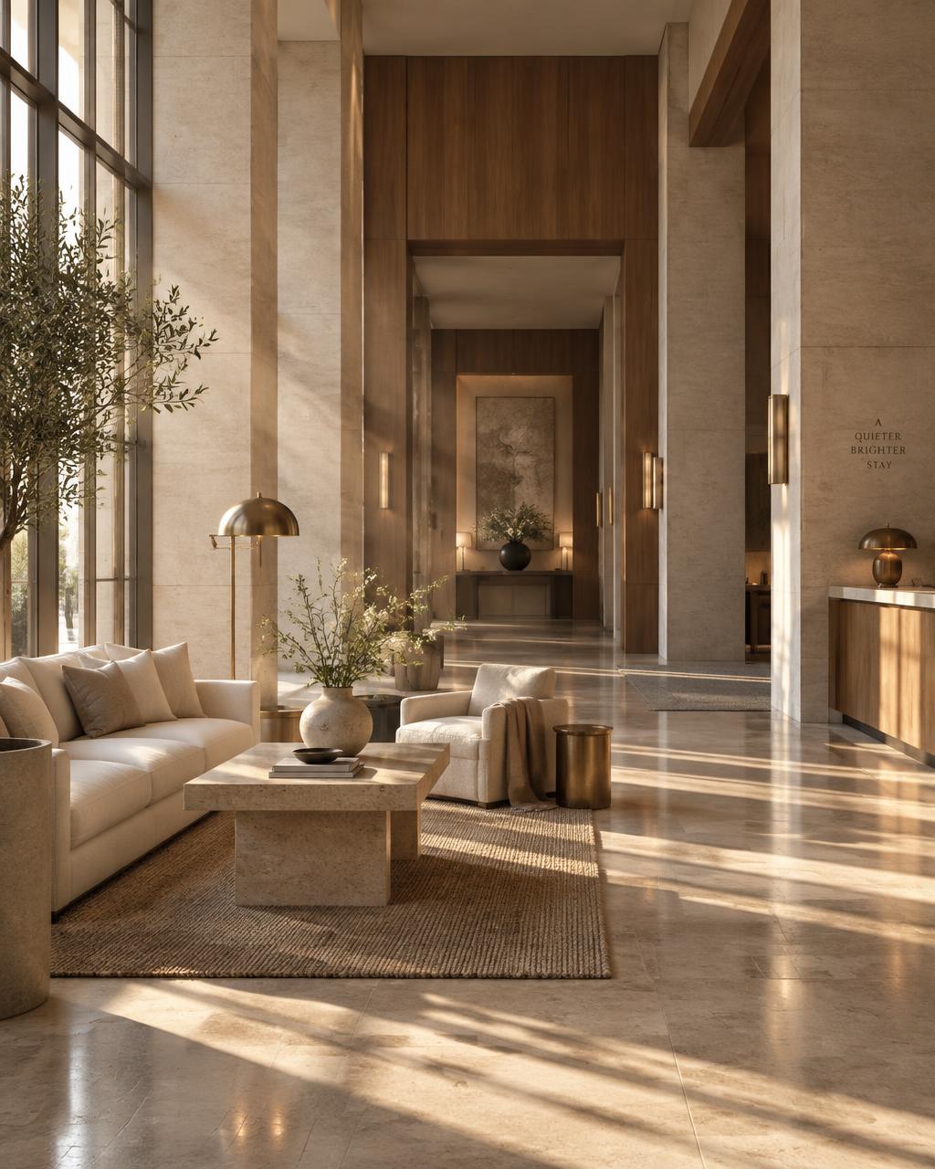 An empty hotel lobby in warm morning light, just before guests arrive