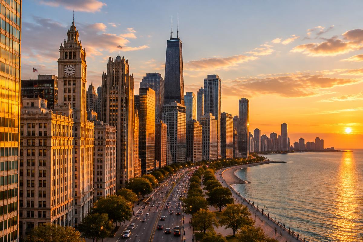The Chicago skyline along Michigan Avenue at golden hour