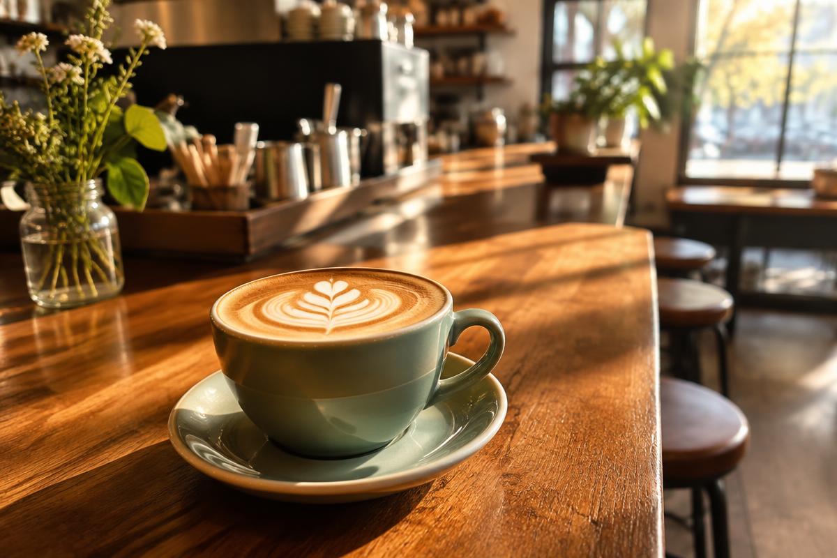 A latte with leaf art on a wooden coffee bar