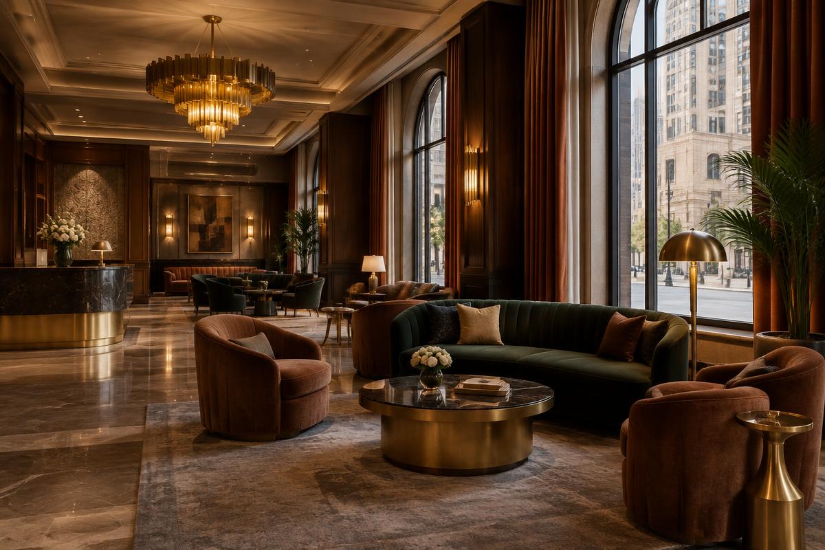 A boutique hotel lobby with velvet seating and brass lamps
