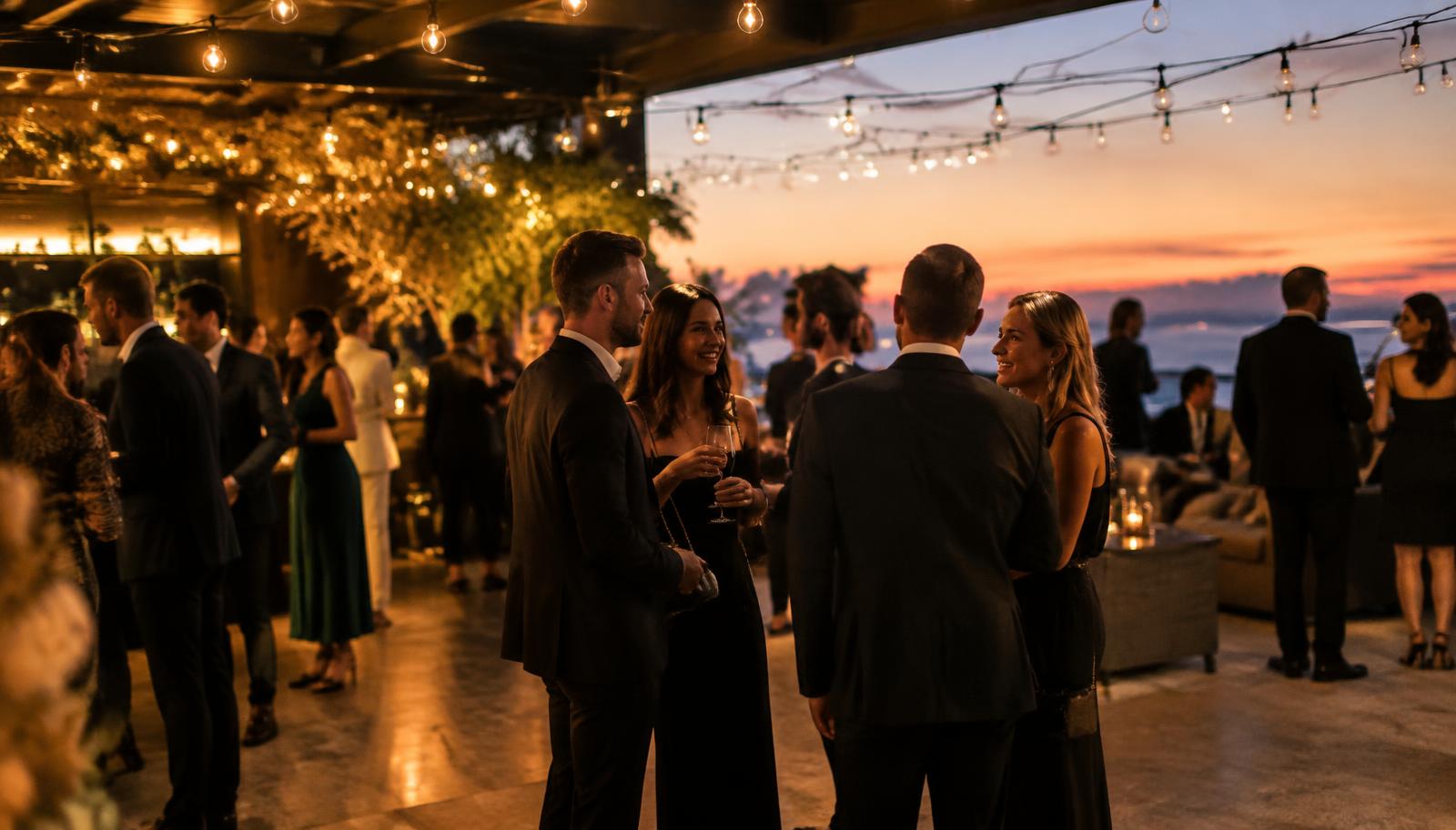 Guests mingling at an experiential evening event under string lights