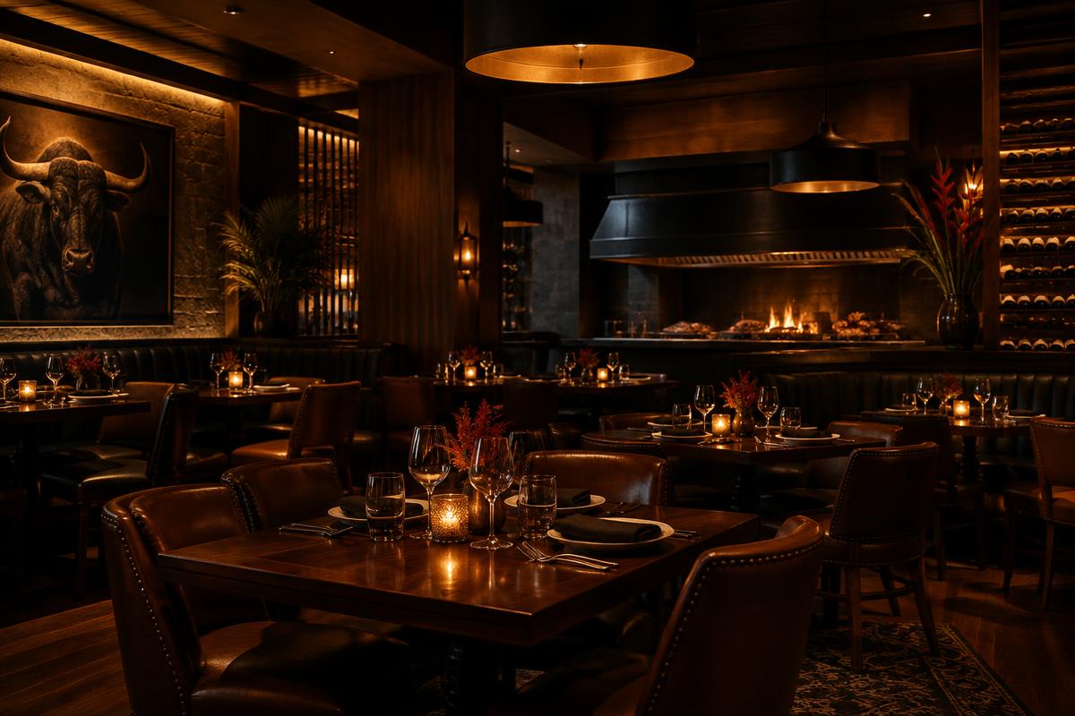 A moody, candlelit restaurant dining room