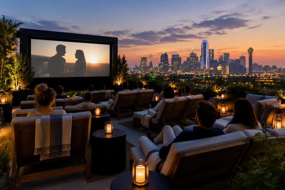 A rooftop cinema at dusk above a city skyline