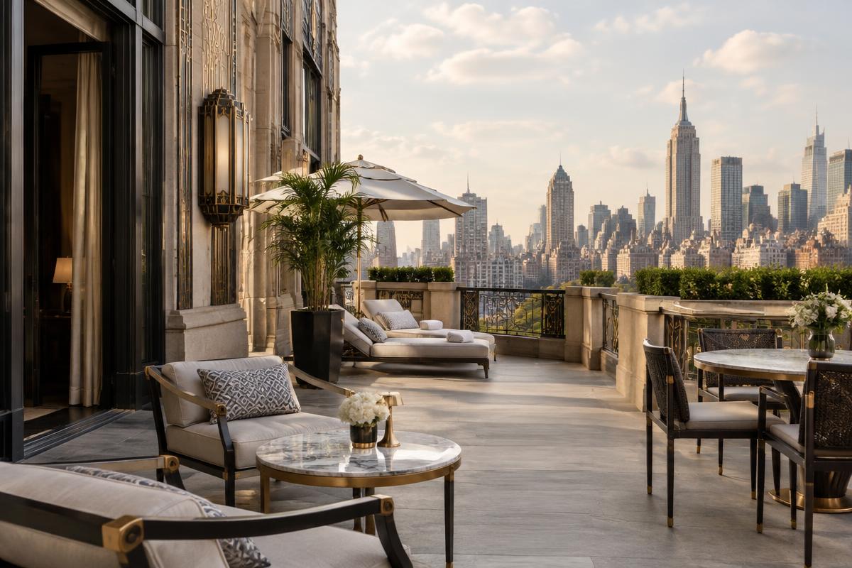 An elegant hotel terrace overlooking the city