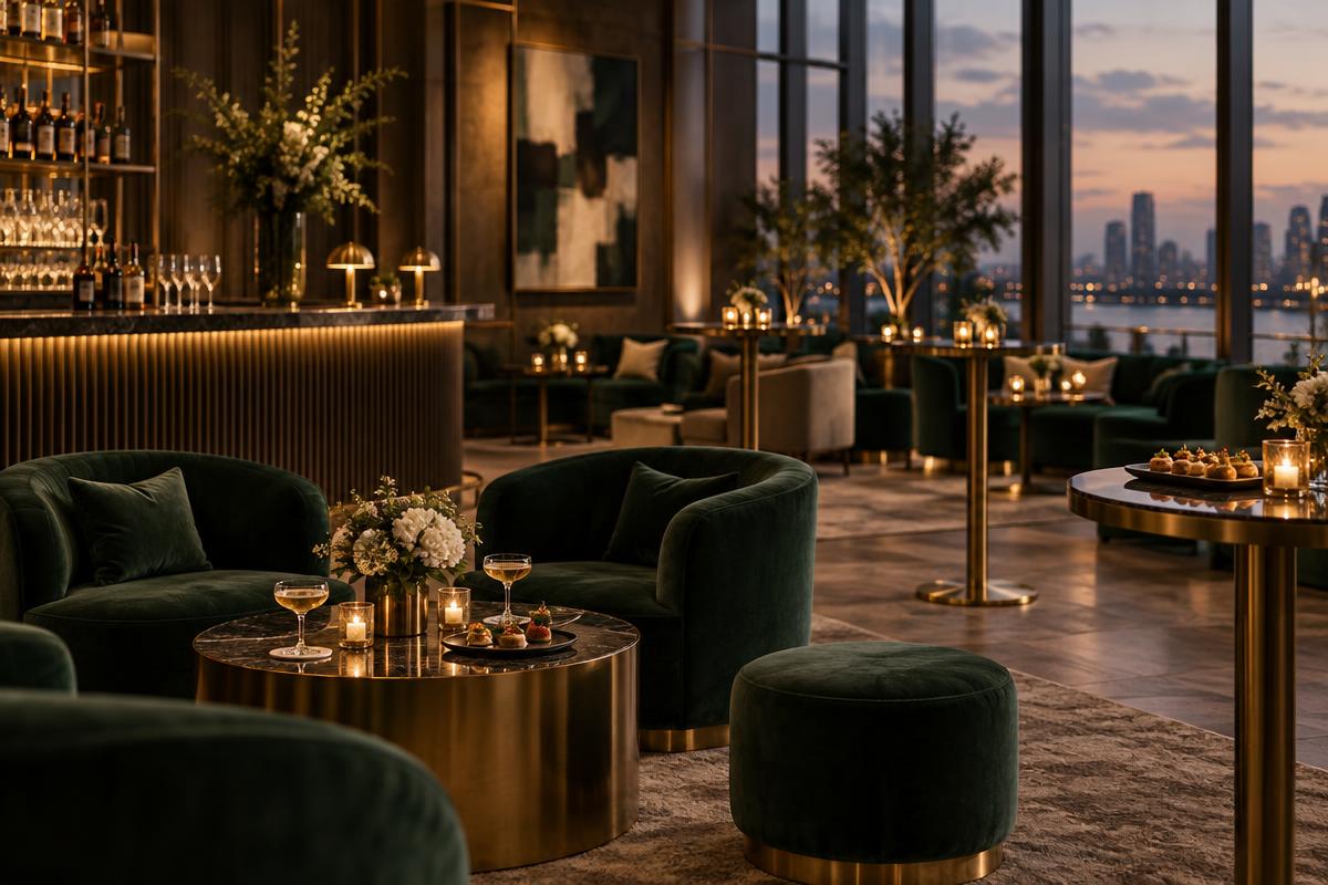 A design-forward hotel event space set for a cocktail reception