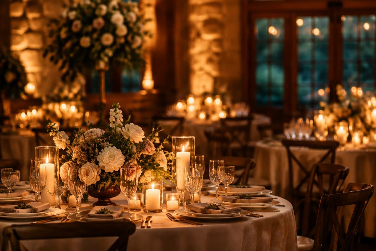 A candlelit wedding reception table with flowers